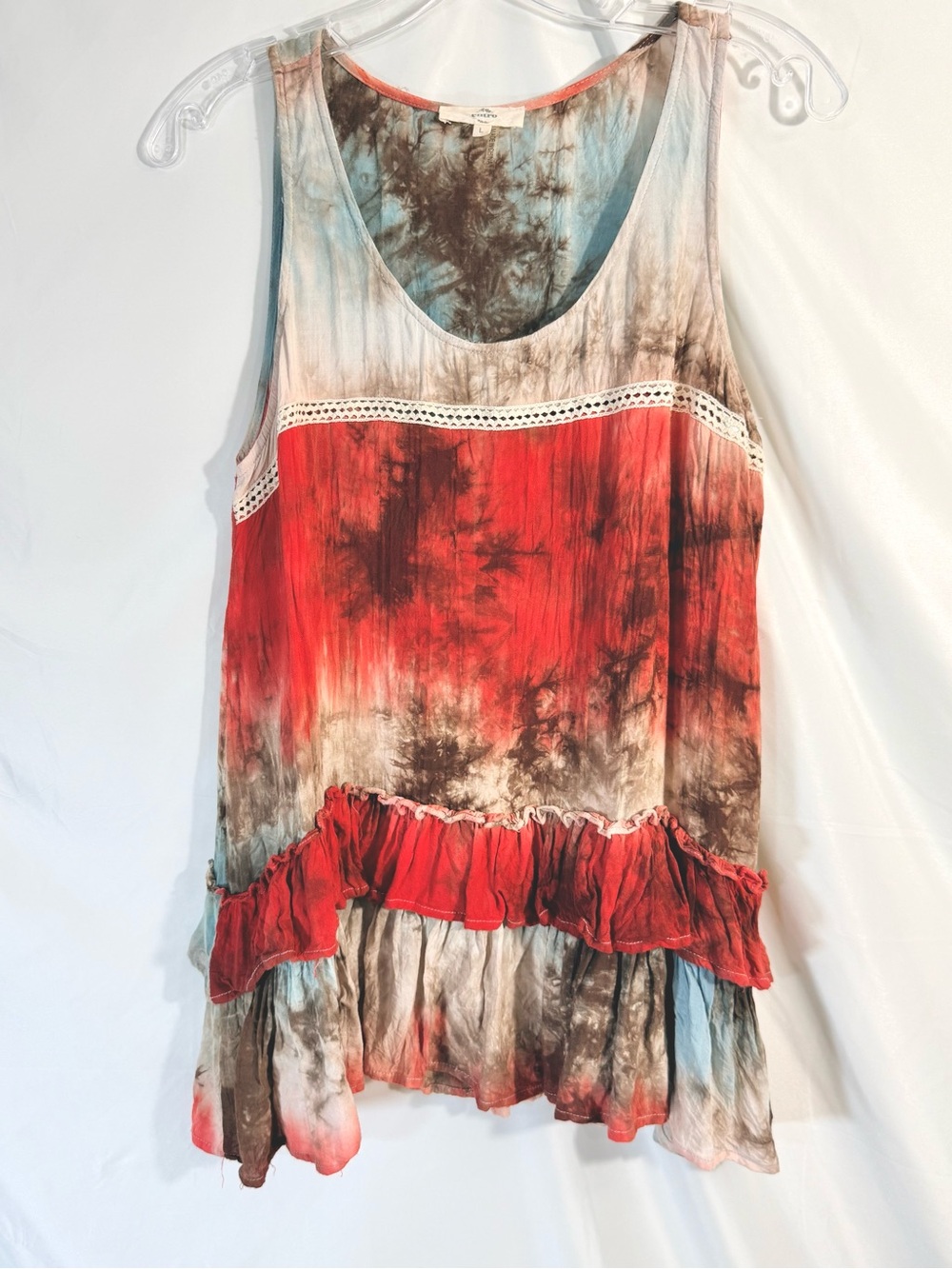 Entro Vibrant Tie Dye Tank Top With Ruffled Tiers With Crochet Trim Detailing - Picture 2 of 11